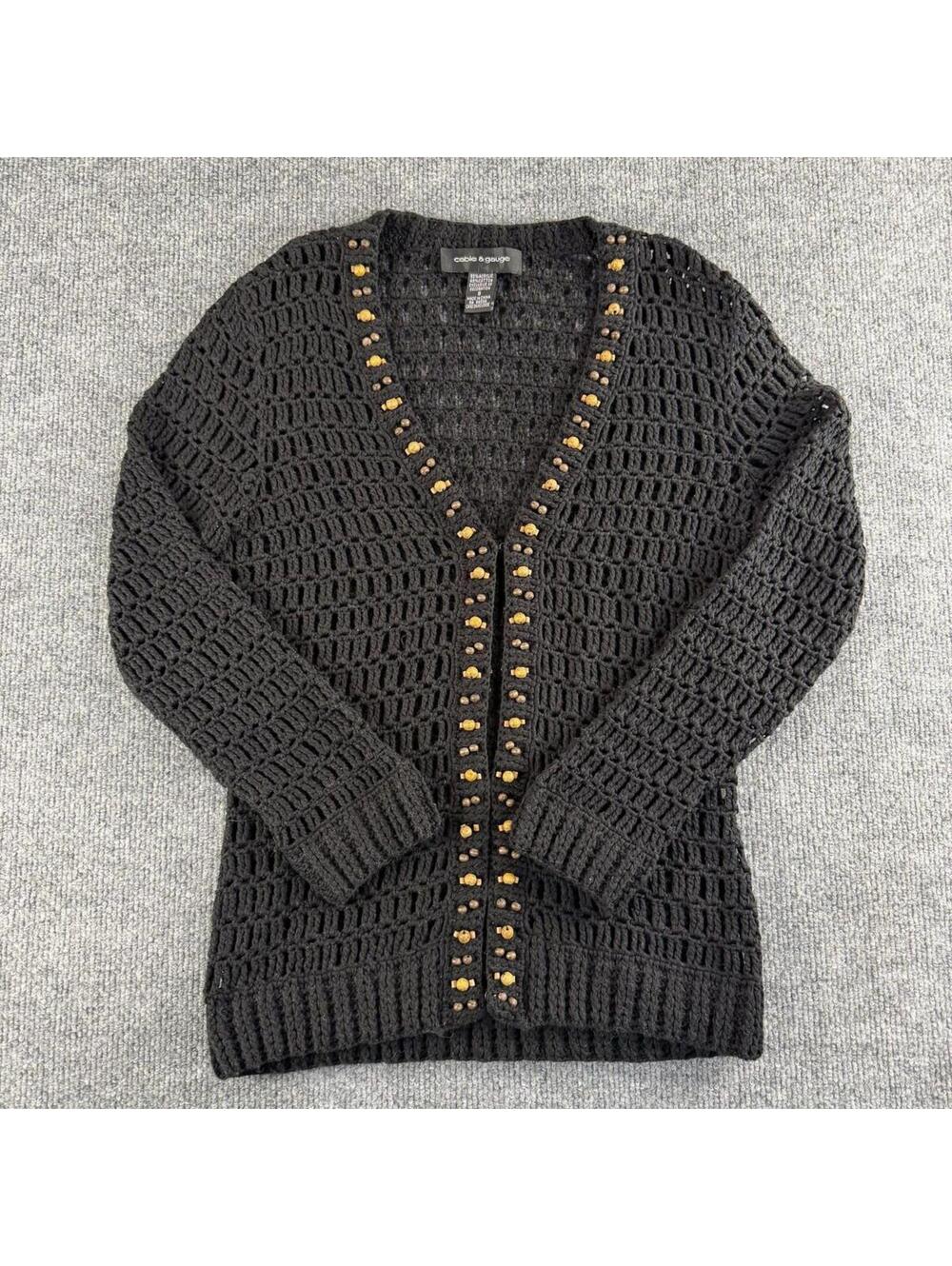 Vintage Cable & Gauge Black Crochet Cardigan Wooden Bead Detail Small - crochet